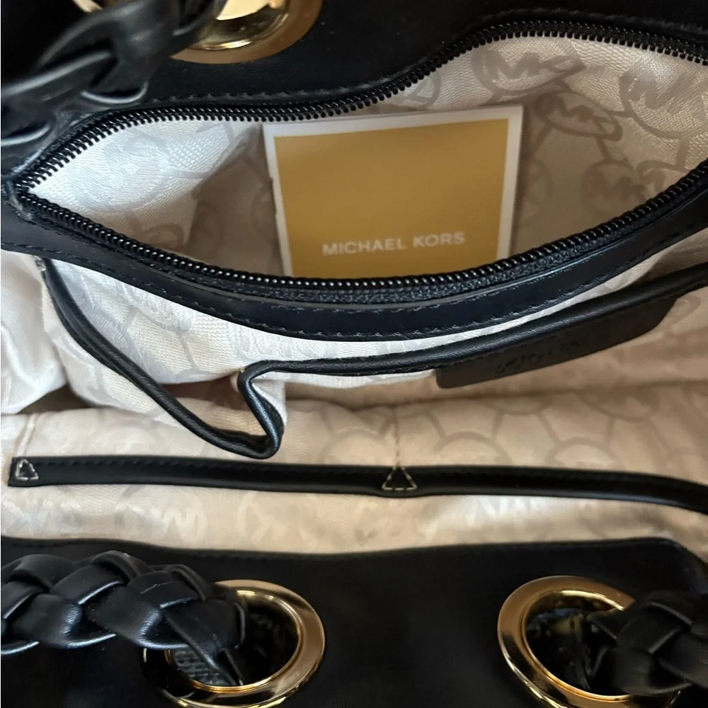 🖤🖤MICHAEL KORS LARGE BLACK BRAIDED LEATHER & SOFT STRAW SHOULDER/TOTE BAG! 🖤🖤 - Picture 7 of 9